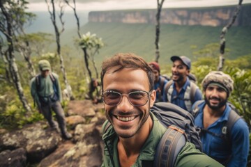 Fototapeta premium Group of friends hiking in the mountains. Hiking concept. Tourists with backpacks hiking in the mountains.