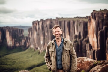 Handsome man standing on the edge of a cliff and smiling