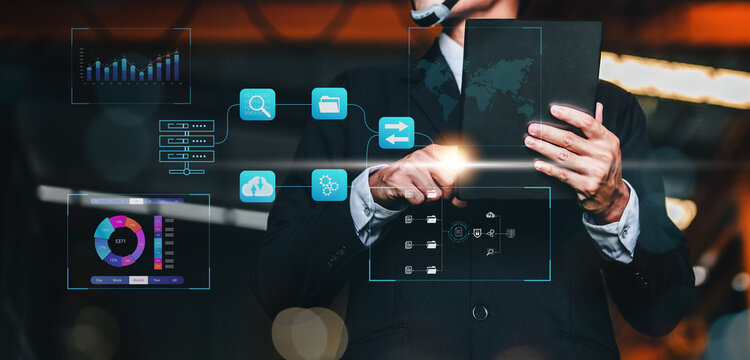 file manager, document, folder, information, management, system, storage, file, industrial, engineer. foreman hold tablet for planning and management information hud is showing. industrial engineer.