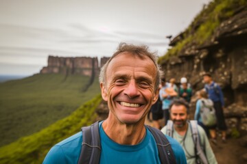 Portrait of a smiling senior man with tourists in the background.