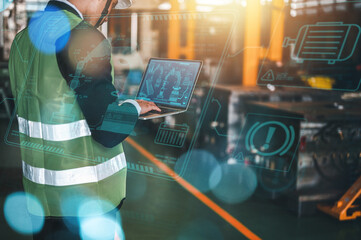 iot, technology, industrial, engineer, screen, control, innovation, manufacture, futuristic, networking. engineer hold a laptop for control innovation industrial system. iot technology manufacture.