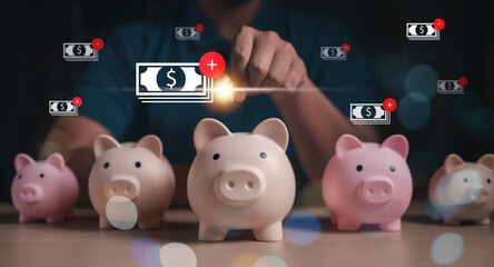 piggybank, financial, banking, finance, investment, currency, profit, money, wealth, banknote. insert coin into piggybank to saving after that banknote hud is growth. wealth finance investment profit.