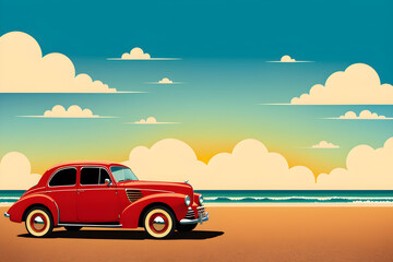Fototapeta na wymiar Vintage Beach Drive - Retro Car Illustration in a Nostalgic Style. Created with Generative AI.
