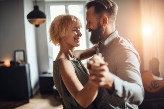 A middle-aged couple is dancing a slow dance in the living room. Photorealistic illustration generative AI.