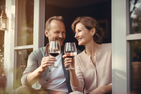 Middle-aged couple drinking red wine on the veranda of a country house. Photorealistic illustration generative AI.