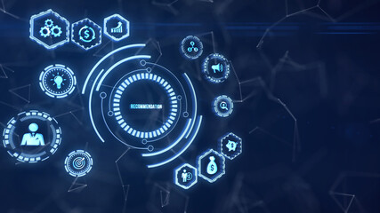 Internet, business, Technology and network concept. The word Recommendation on the virtual screen. 3d illustration