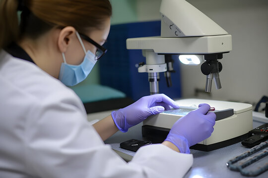 A pathologist prepares a pathological biopsy for diagnosis in a pathology laboratory 