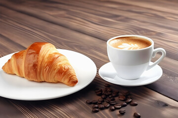 Illustration of black aromatic coffee with fresh tasty croissant on plate. Coffee beans on wooden background.. Delicious cheerful breakfast. Generative AI