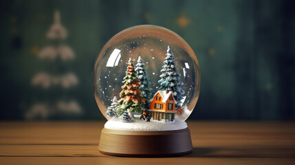 Fototapeta na wymiar Snow globe cottage cabin christmas landscape xmas tree. Generative ai