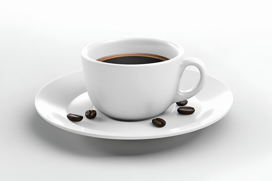 White cup with black coffee and saucer with coffee beans on light background. Generative AI, illustration