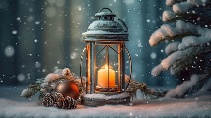 Christmas Lantern On Snowy Table With Fir Branches And Ornaments. Generative ai
