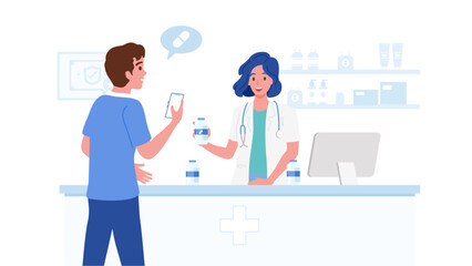 Pharmacist and client in counter at pharmacy drug store. Medicine healthcare professional concept vector flat illustration.