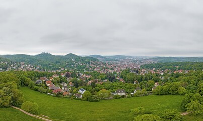 Fototapeta na wymiar Drone panorama of thuringian city Eisenach with Wartburg castle during daytime