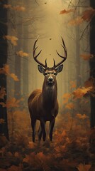a deer is standing in a forest with leaves Generative Ai