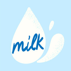 Milk drop with splashes and handwritten word. Doodle clip art element for logo, label, package. Vector illustration isolated on blue background