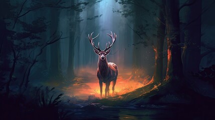 Majestic Deer Amidst Forest and Trees, with Impressive Antlers Generative Ai