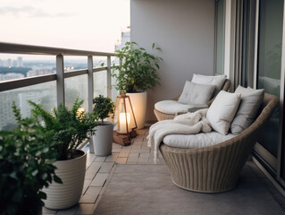 Cozy, minimalistic, modern balcony ideas. Comfortable seatings with plants.