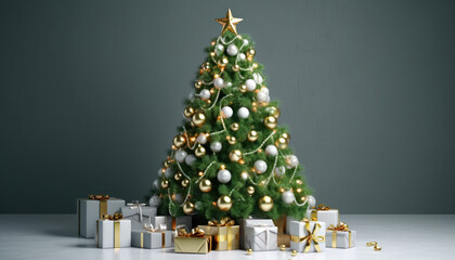 Decorated christmas tree with balls,bells and gifts in grey background - Generative AI