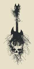 Vector sign illustration with an electric guitar and human skull and tree roots with splashes and curls in grunge style