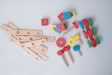 Board game constructor. Wooden parts for the constructor game. Education. Entertaining games for children.Kindergarden education games.close up view