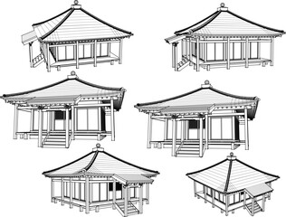 Japanese traditional wooden temple cartoon illustration vector sketch