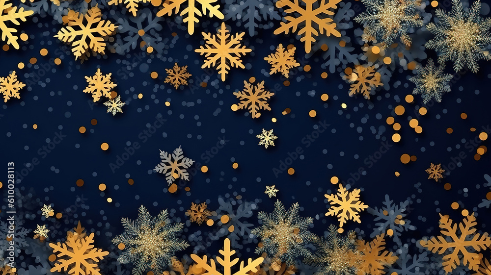 Wall mural christmas background, snowflakes and fir on navy background. generative ai