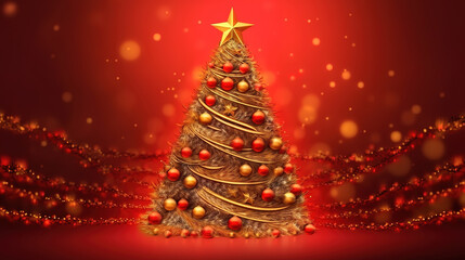 Golden and silver lights with christmas tree on red background. Generative ai