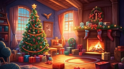 Fototapeta premium Beautiful classic red and golden Christmas room decor. Generative ai