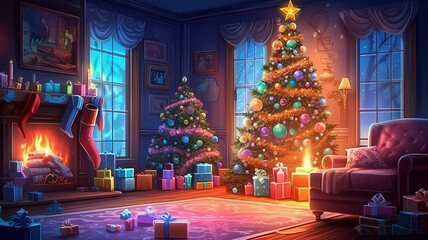 Fototapeta na wymiar Christmas interior with tree, presents and fireplace. Generative ai