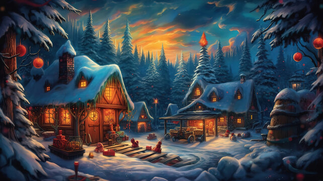 Illustration of a winter christmas scene landscape for a banner. Generative ai