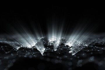 Shine world map with lines dots copy space black background.