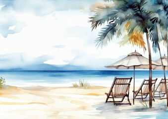 Beautiful beach wallpaper. White sand, with chairs and umbrellas. Travel, tourism concept. Beautiful panoramic watercolor background. AI generated.