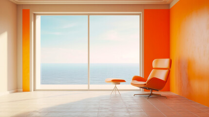 Fototapeta na wymiar Luxury interior room with orange armchair and windows. Balcony with view on ocean. Generative AI