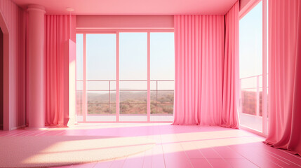 Interior empty pink room with panorama windows. Copy space. Modern design stylish apartment.  Generative AI