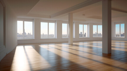 Fototapeta na wymiar Interior empty white room with panorama windows. Copy space. Modern design stylish apartment. Generative AI