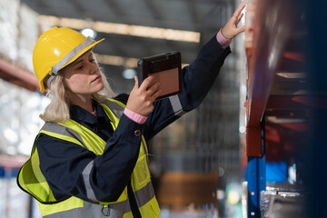 Female warehouse worker working at work checks stock, inventory with tablet on shelf pallet in the...