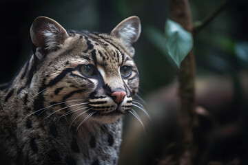 Marbled cat in forest, portrait, Generative AI