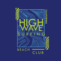 waves surfing modern minimalist line art typography high wave surfing California beach club t-shirt design