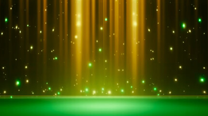 Empty green and gold stage or podium for product presentation, gold yellow background with shiny glow beams lights. Banner with copy space. Generative AI