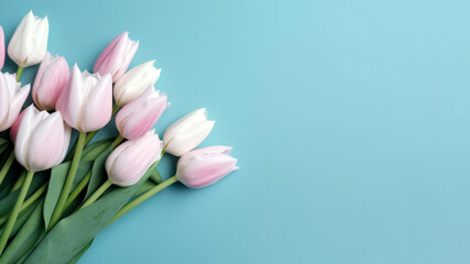 Bouquet of pink and white tulips on blue background with copy space