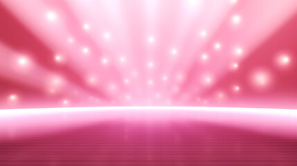 Empty pink stage or podium for product presentation, gold yellow background with shiny glow beams lights. Banner with copy space. Generative AI