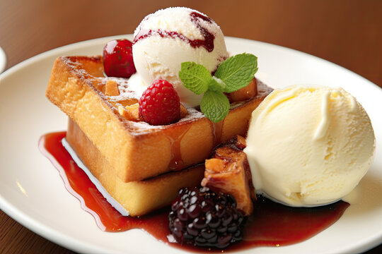 honey toast with fruits and ice cream