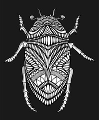 Surreal bizarre abstract beetle with many patterns coloring page for children and adults, isolated on dark. Decorative monochrome insect for design tatoo, sticker, label, tshirt. Doodle style.