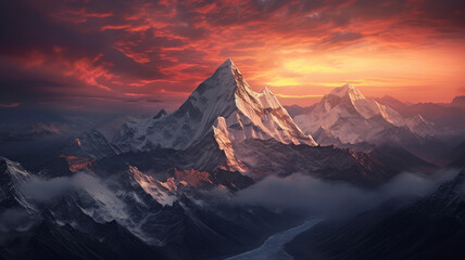 Fototapeta na wymiar Everest in the light of a bright sunset. Generative AI