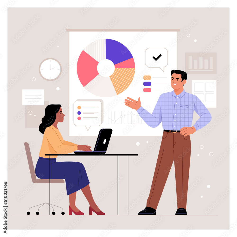 Aufkleber business presentation. vector cartoon illustration in a flat style of a young woman sitting at a tab