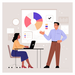 Business Presentation. Vector cartoon illustration in a flat style of a young woman sitting at a table with a laptop, in front of which a man stands against the background of a board with graphs.