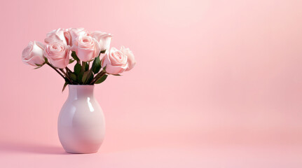 White vase with pink roses on pink background with copy space