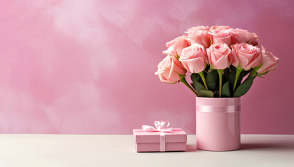 Bouquet of pink roses with gift box on white table and pink background.