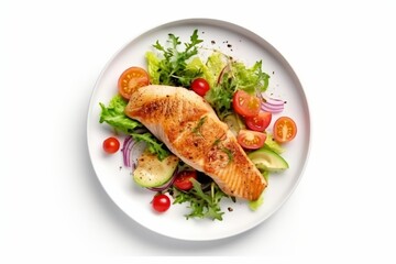 fish fillet with salad. Healthy food, keto diet, diet lunch concept. Top view on white background generative AI