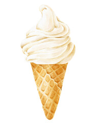 Vanilla ice cream in a waffle cone food illustration.